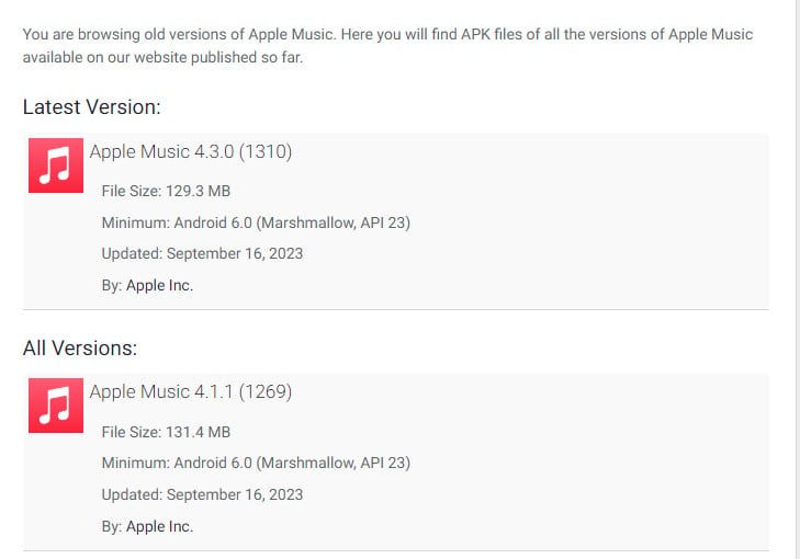 apple music old version android apk