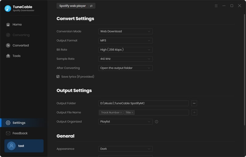 settings panel