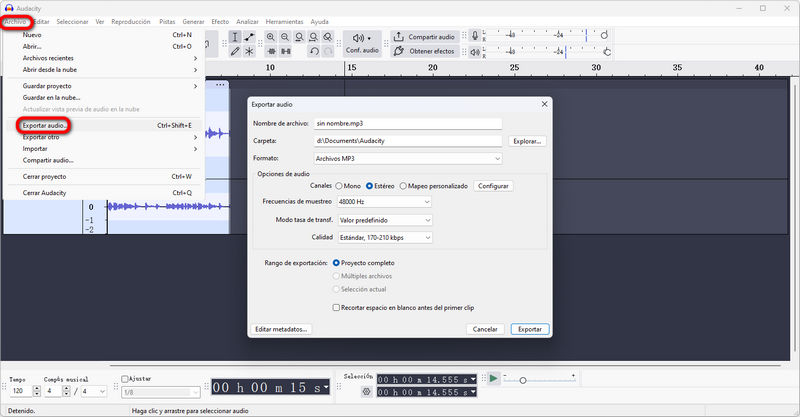 exportar música con audacity