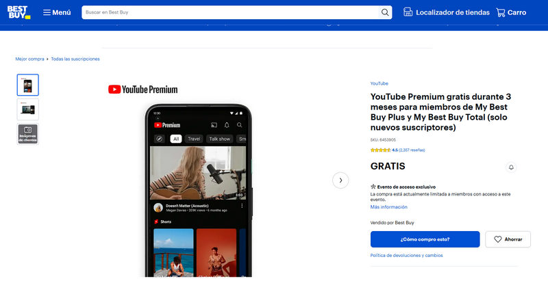 obtener YouTube Premium gratis mediante best buy
