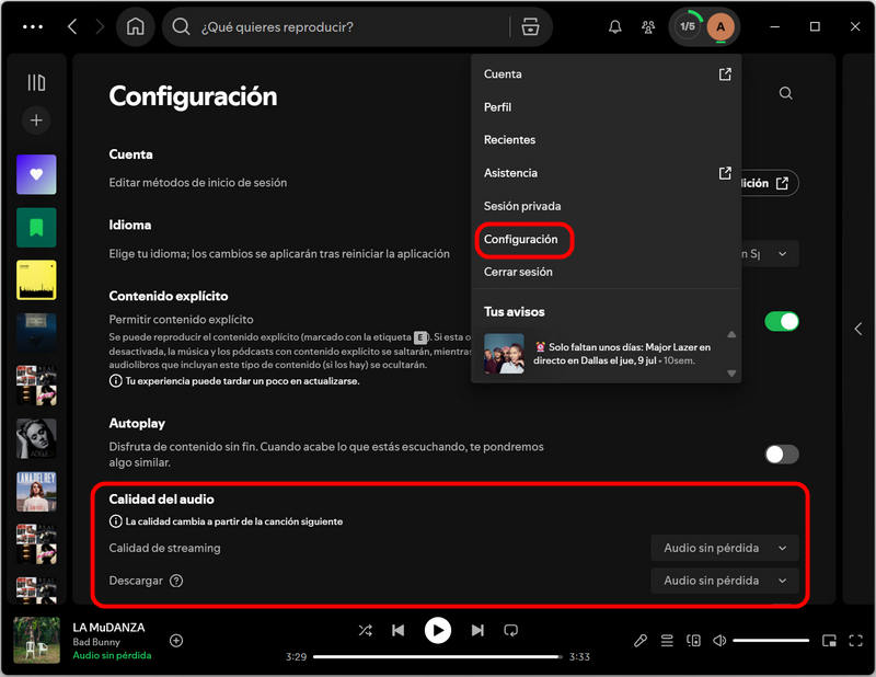 Activar el audio sin pérdida en la aplicación de escritorio de Spotify