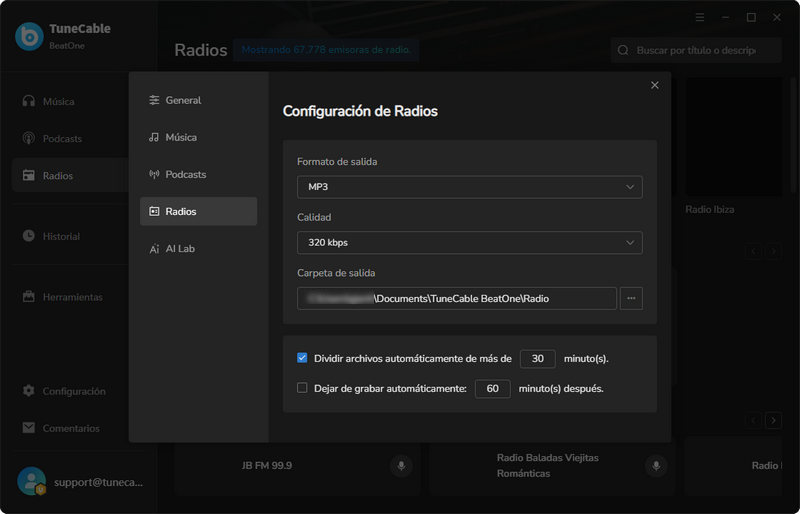 configuraciones de descarga de radio
