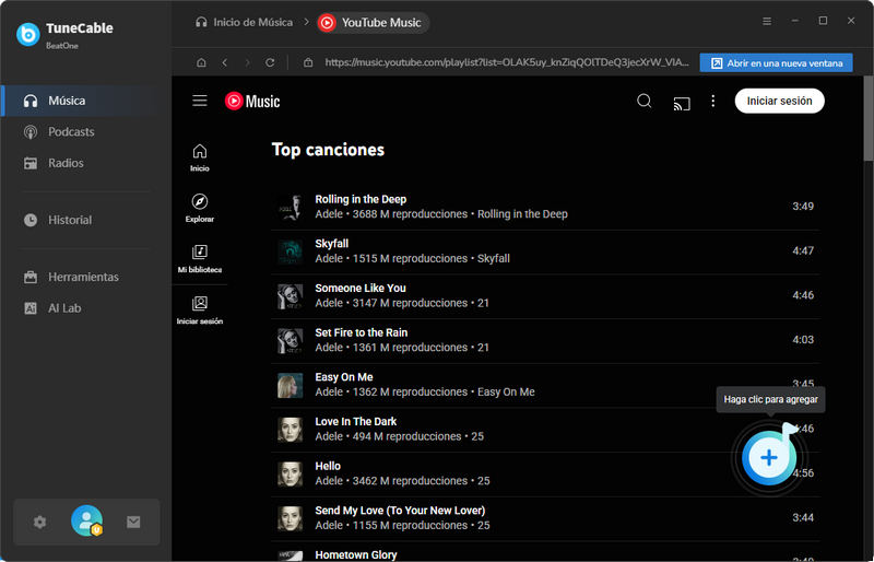 haz clic para añadir canciones de youtube
