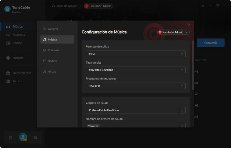 ajustes de descarga de youtube music