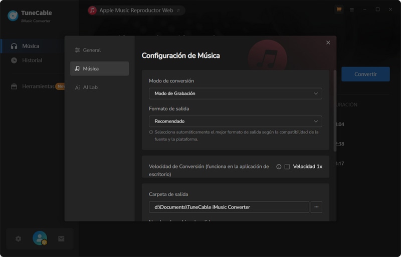 configuración de conversión apple music
