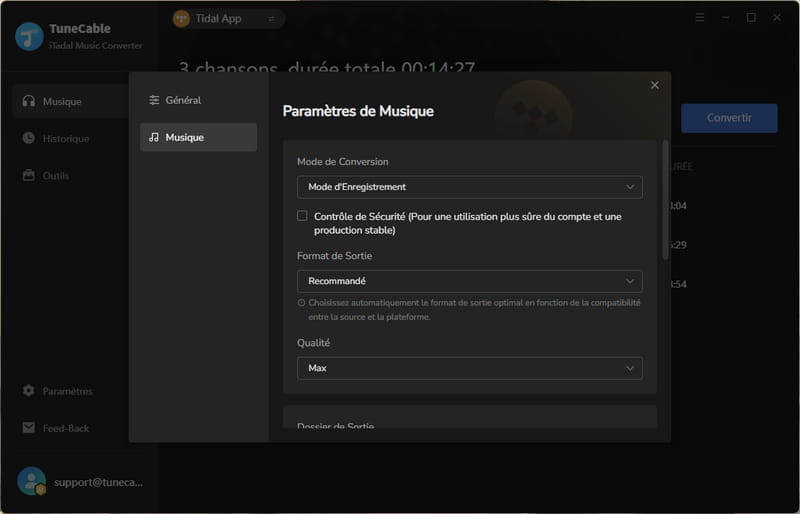définir les paramètres de sortie