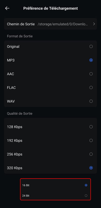 choisissez les paramètres
