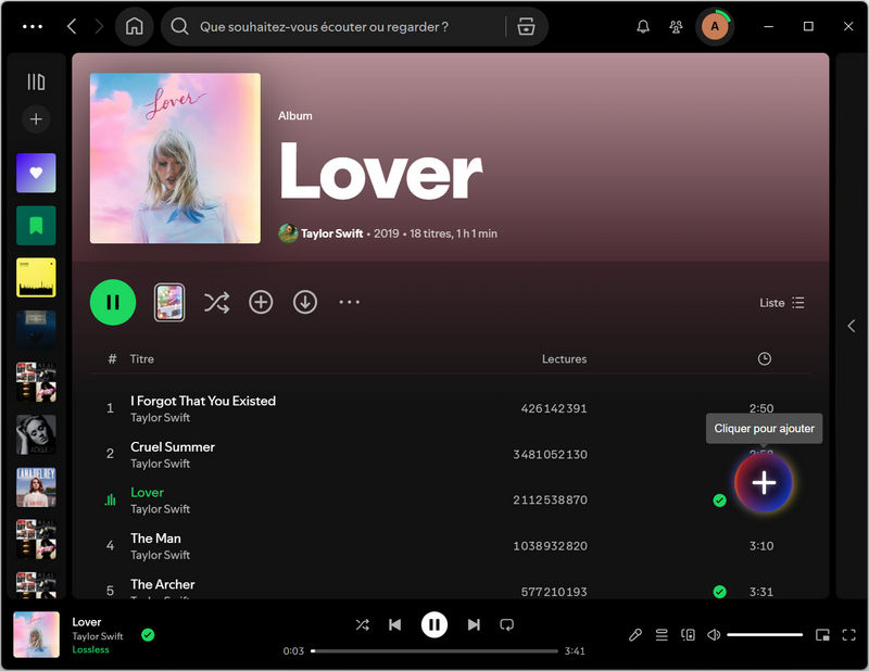 cliquer pour ajouter des chansons Spotify Lossless