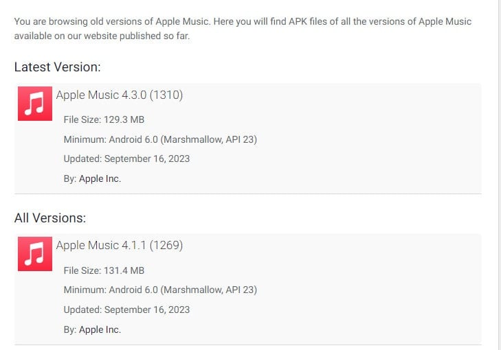 apple music old version android apk