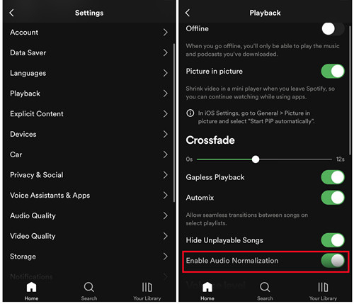 turn off spotify audio normalization on mobile phone