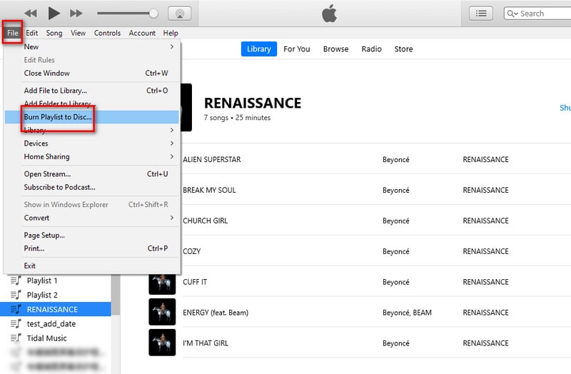 burn tidal music playlist to cd via itunes