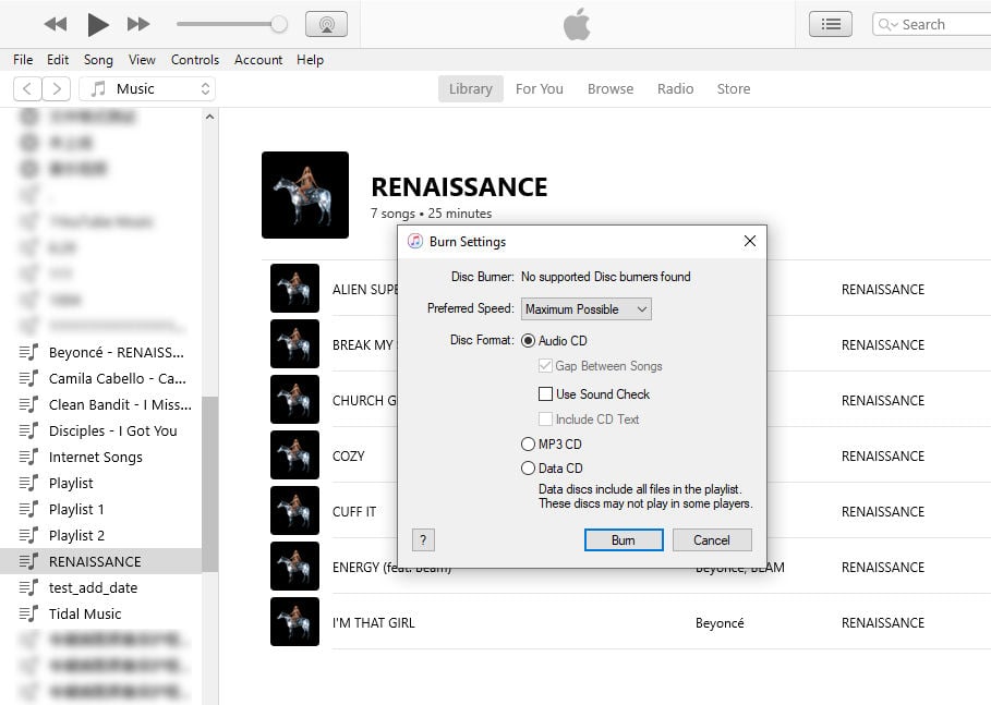 burn tidal music to cd via itunes