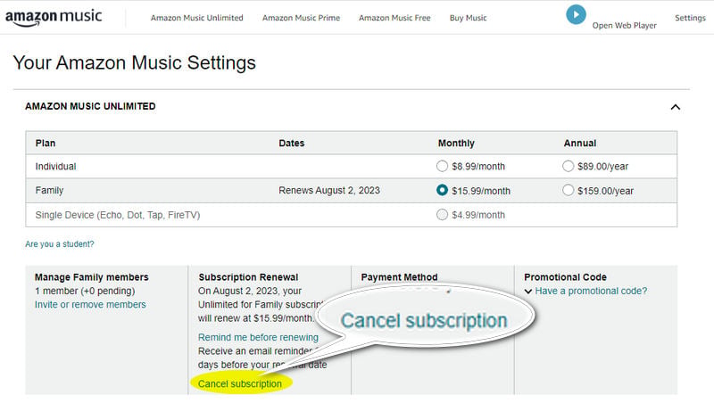 cancel amazon music on official
