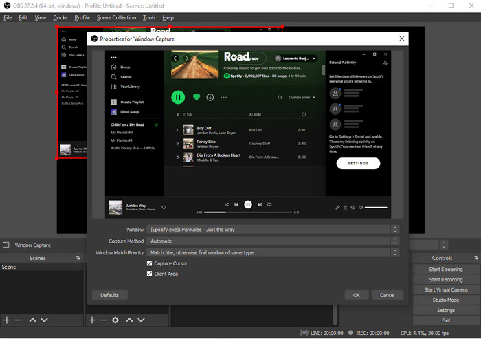choose spotify exe in obs