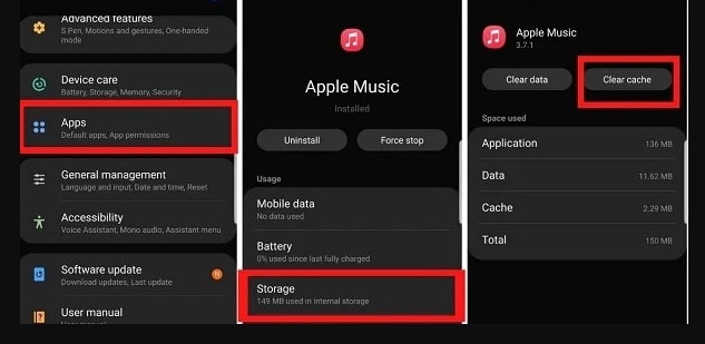 clear apple music cache on android