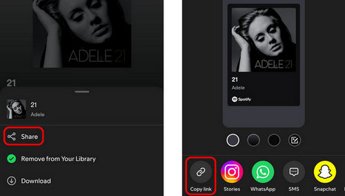 copy spotify link on Spotify mobile app