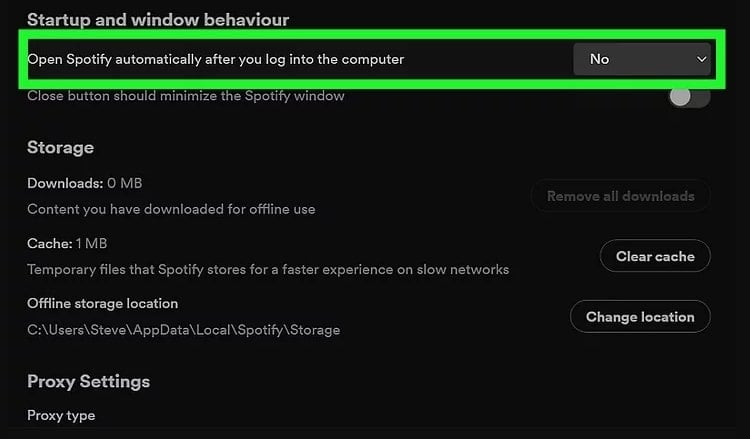 disable spotify autostart via spotify settings