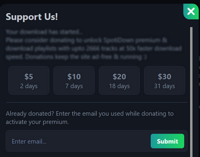 donation pop-up from spotdownloader