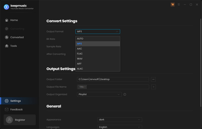 keepmusic output settings