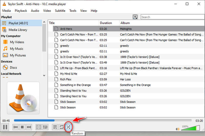 random shuffle spotify music on vlc media player