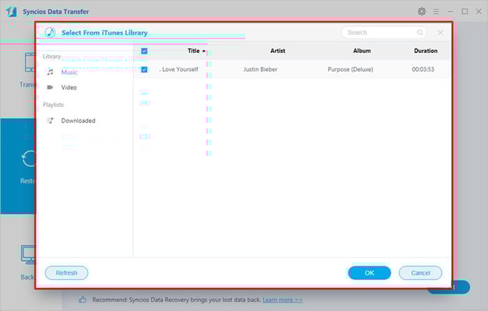 select itunes library and playlist to restore