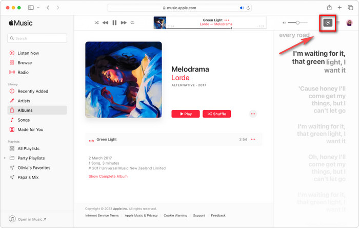 See Apple Music Lyrics on Web Player