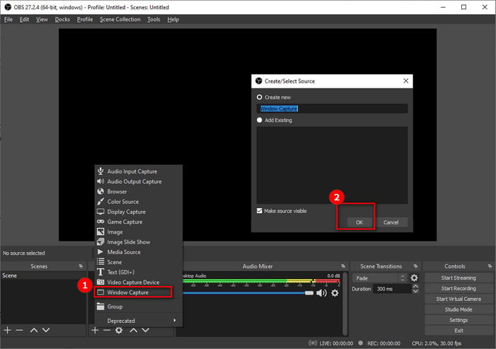 select window capture on obs