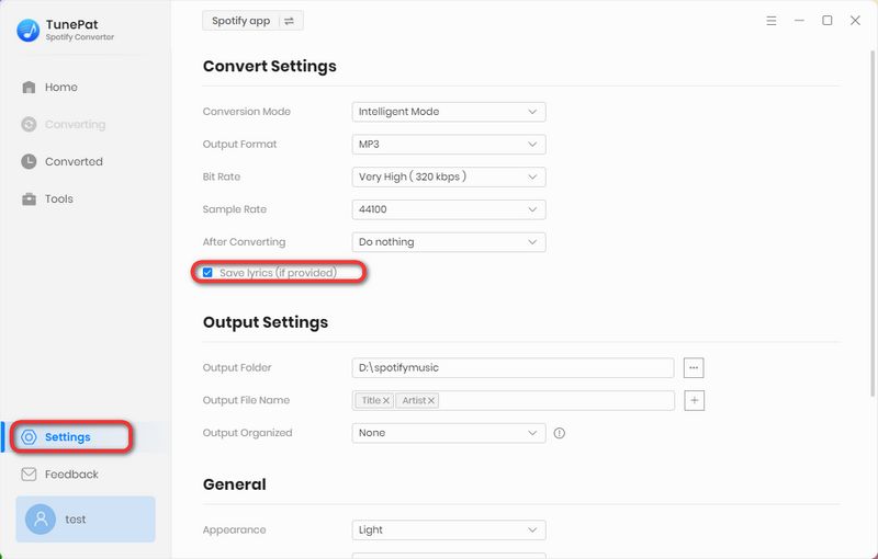 Adjust Output Settings on TunePat