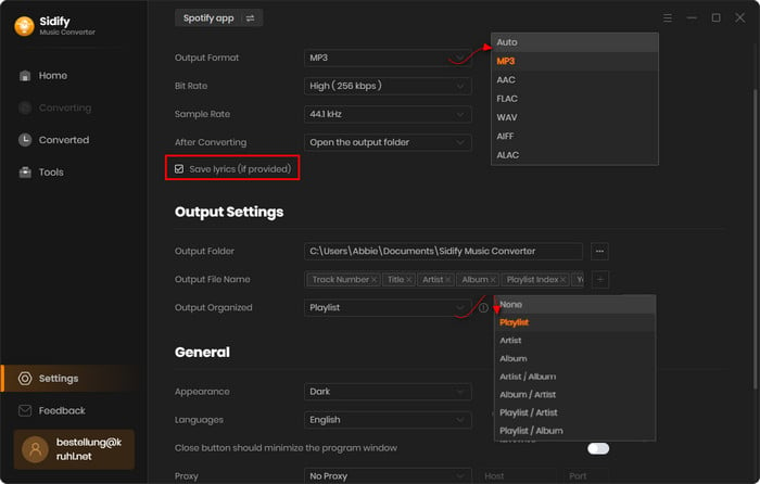 sidify conversion settings