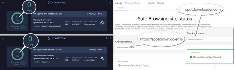 virustotal result for spotdownloader and spotidown.co