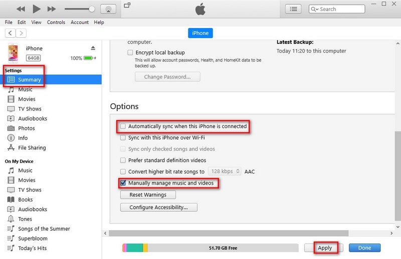 sync settings on itunes