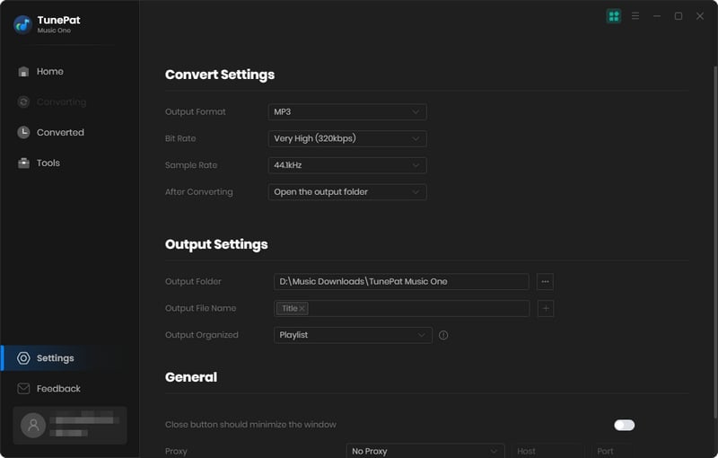 tunepat music one settings