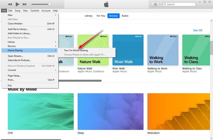 turn on home sharing on itunes