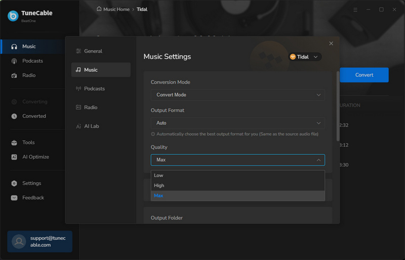 tidal music covnert settings