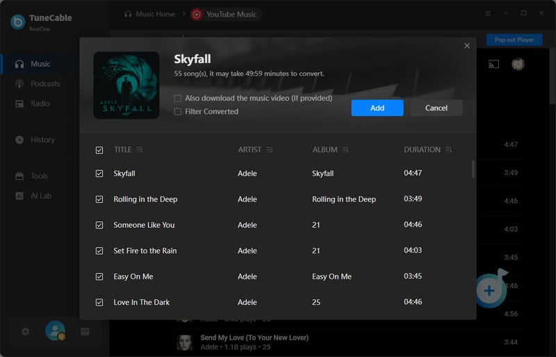 select youtube music tracks