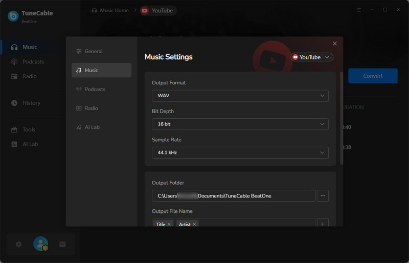 select wav format