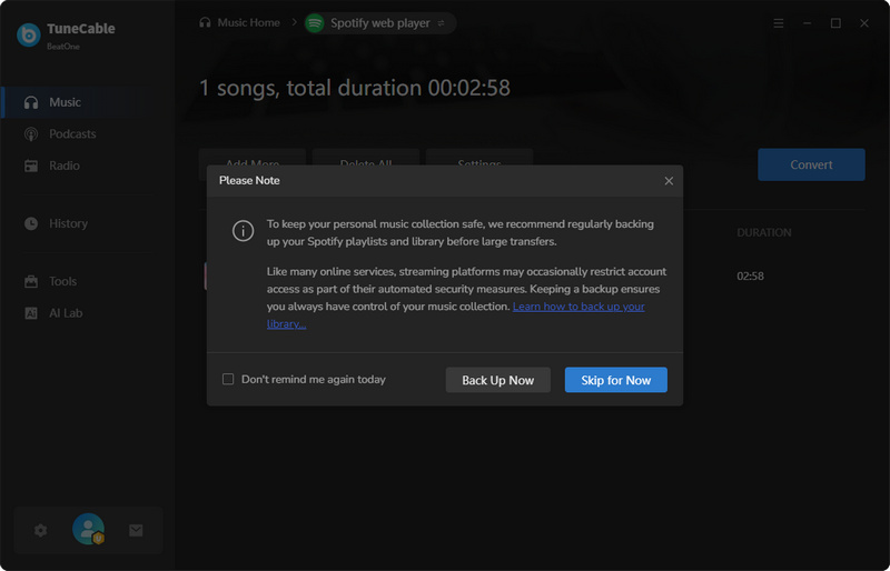 notification of back up your Spotify music library