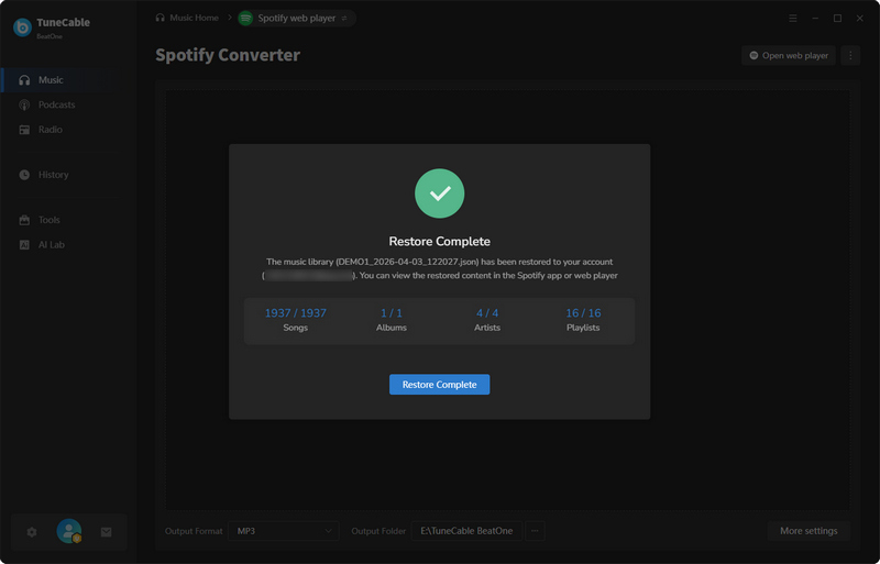 complete restoring spotify library