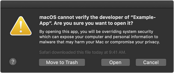 macos catalina alert unsigned override