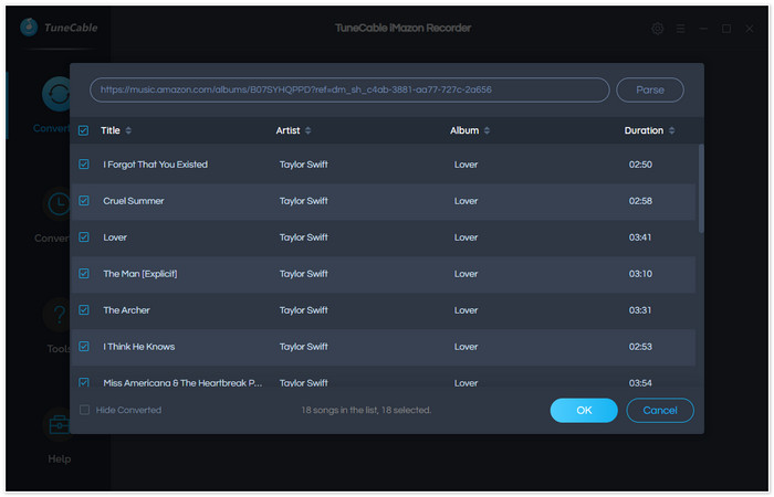 settings of tunecable amazon music recorder