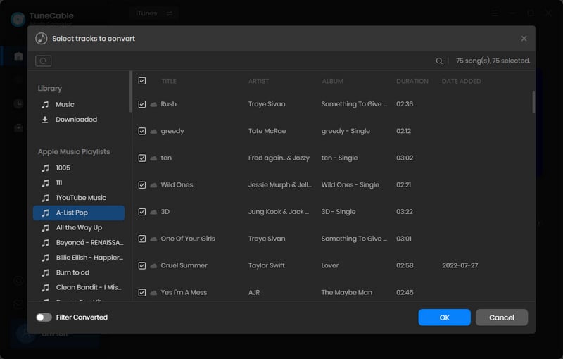 select apple music tracks to convert