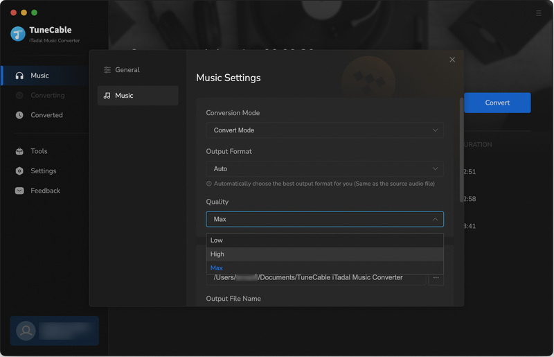 change tidal music settings