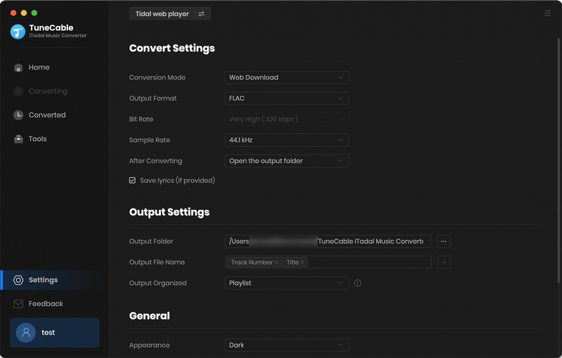 settings interface