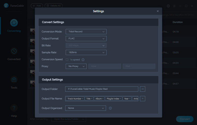 output settings of tidal music