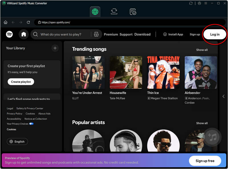 ViWizard Spotify login screen