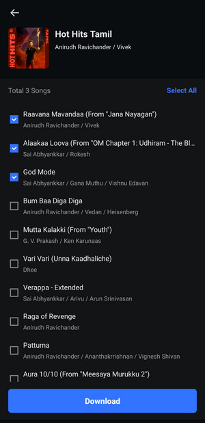 select Tamil songs from the list