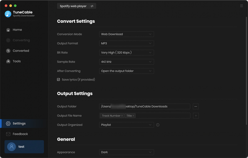 settings panel