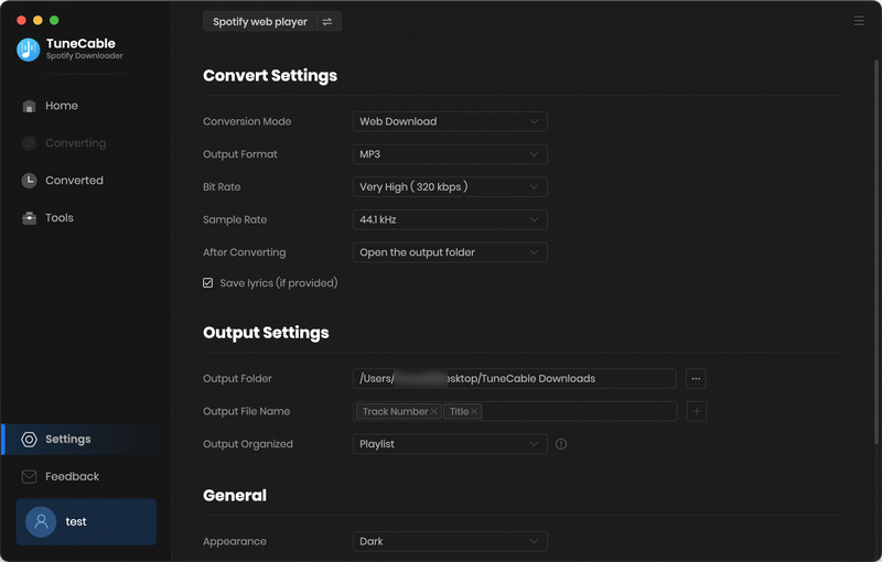settings panel