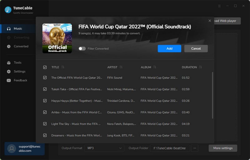 add world cup songs to tunecable