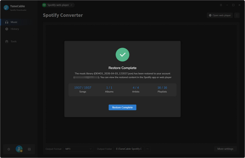 complete restoring spotify library